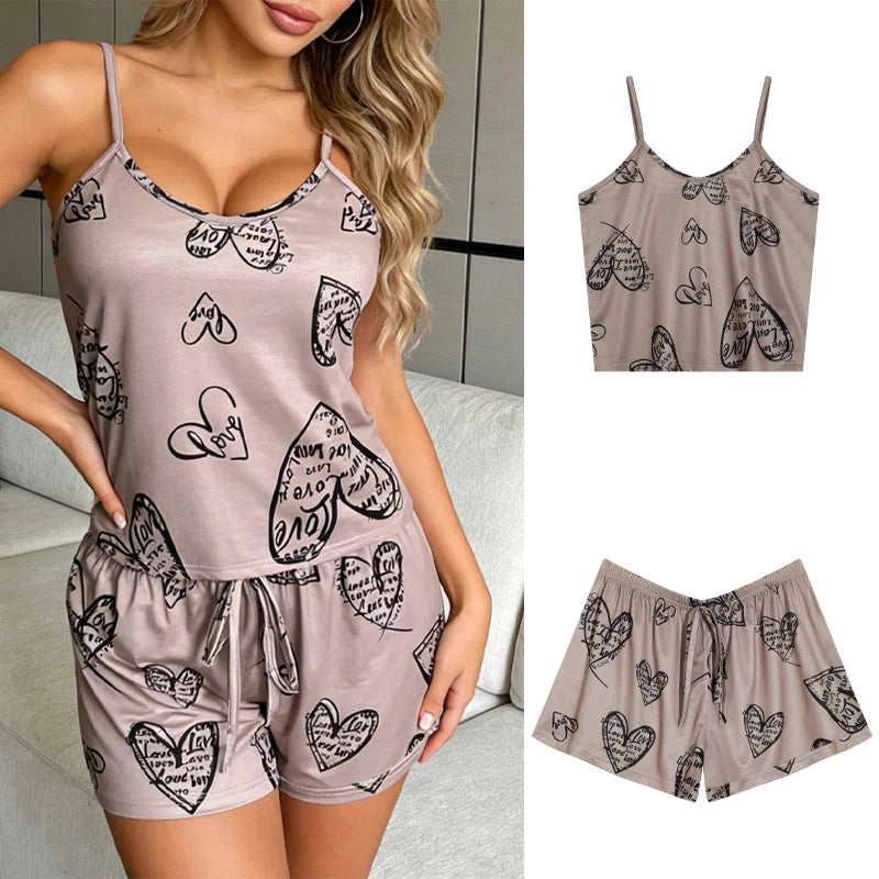 Cherry Print Ice Silk Pajama Set — Sleeveless Cami Top & Shorts