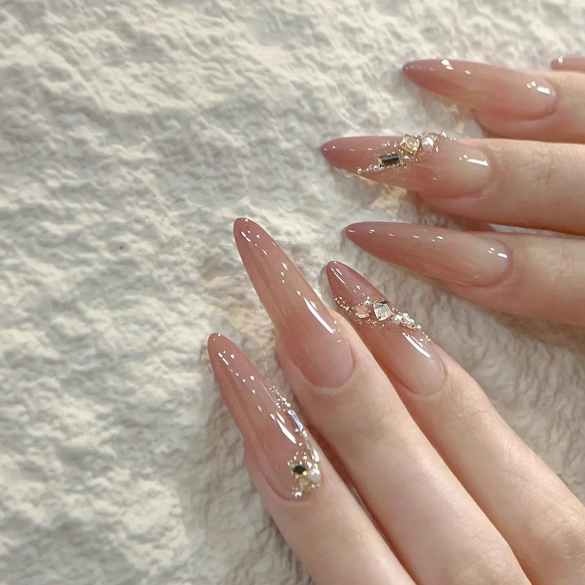 Handmade Almond Press-On Nails - Butterfly, French & Pearl Designs, 24 Pieces