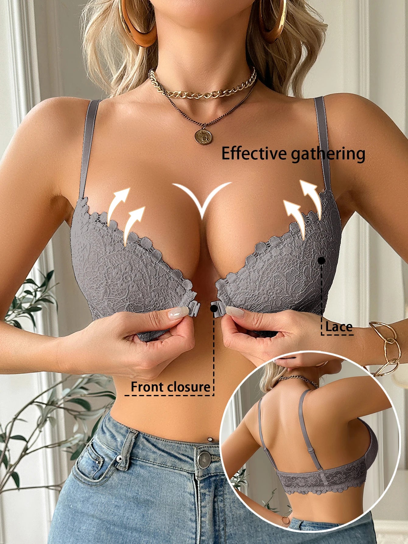 Floral Lace Front-Closure Push-Up Bra — Underwire Gathering | Women's Bra