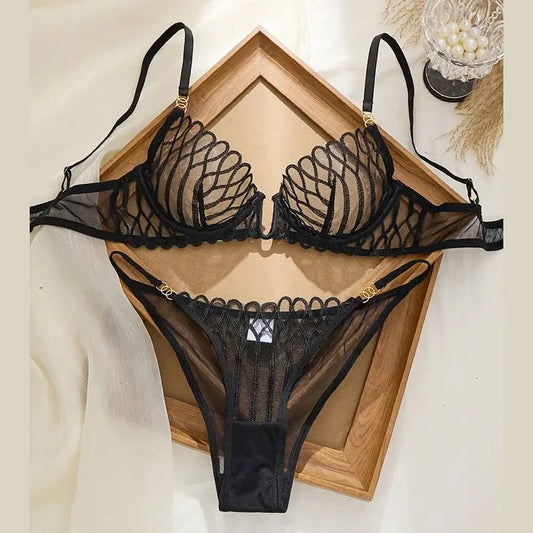 French Sheer Mesh Geometric Bra & Brief Set — V-Neck Plunge Gold Ring Detail | Women's Luxury Lingerie