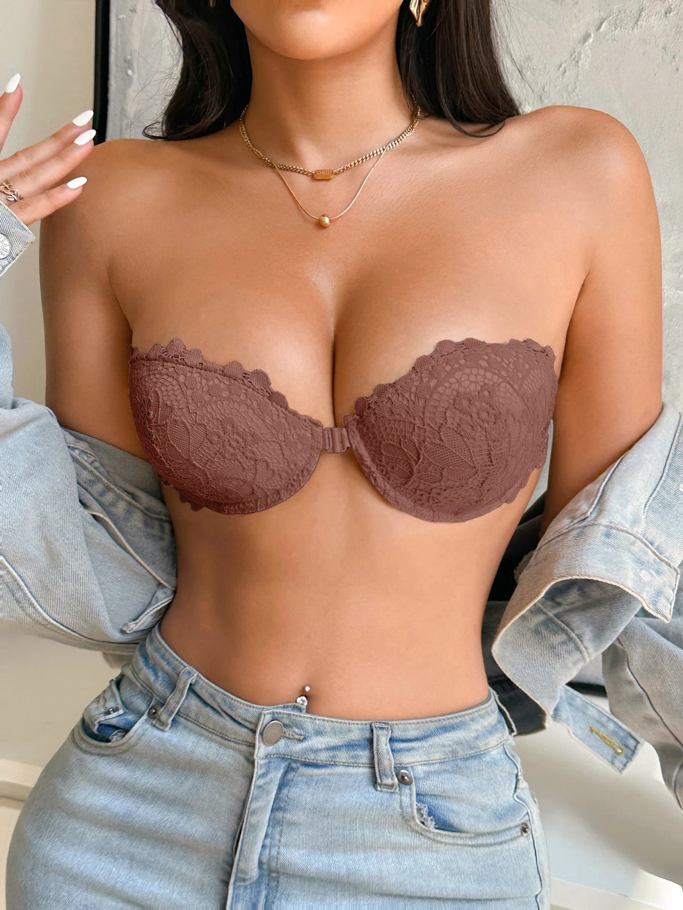 Lace Half-Cup Strapless Push-Up Bra — Front Clasp Non-Slip | Women's Lingerie