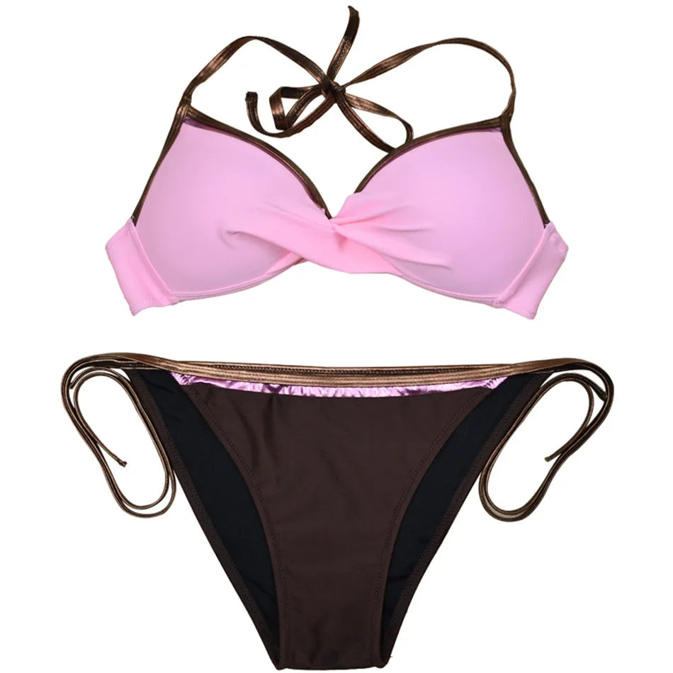 Neon Trim Twist Bikini Set — V-Neck Top & Side-Tie Low Waist Bottoms | Women's Swimwear