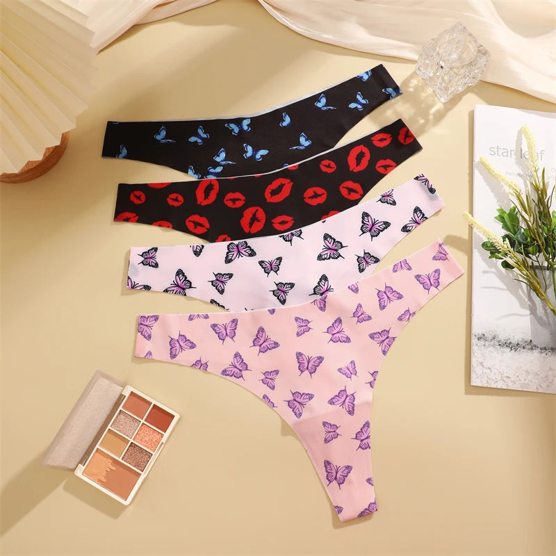 5-Pack Ice Silk Printed Thongs — Seamless Low-Rise G-String Panties