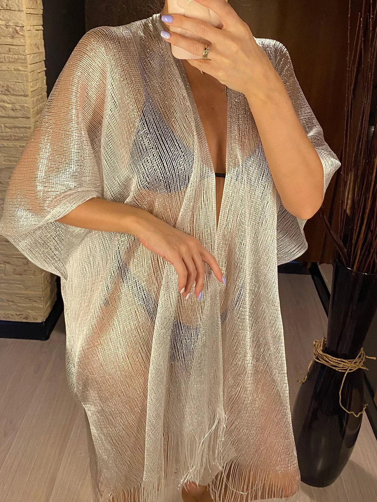 Metallic Tassel Trim Beach Cover-Up — Sheer Kimono | Women's Swimwear