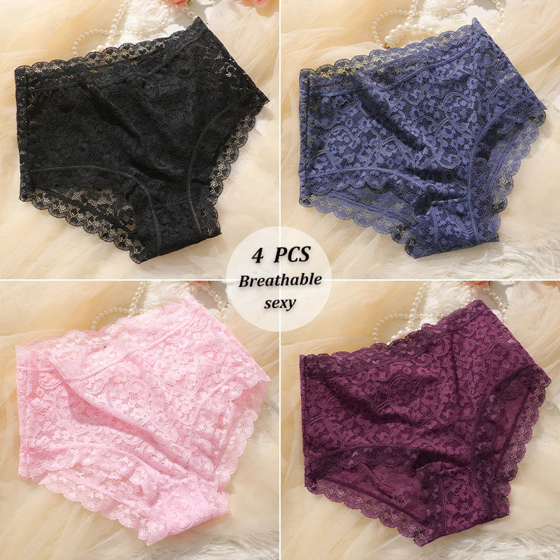 4-Pack High-Waist Lace Panties – Soft Breathable Hollow Briefs for Women (S–3XL, 9 Color Sets)