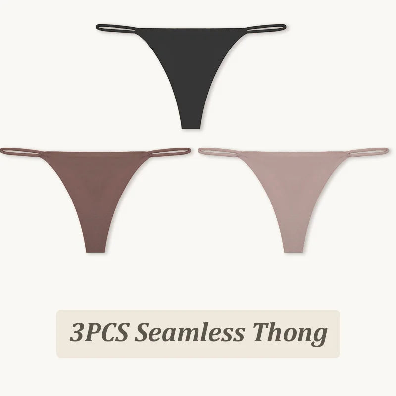 3-Pack Seamless Ice Silk Thong Panties – Low-Rise Flexible Underwear for Women (XS–XL, 25 Color Sets)