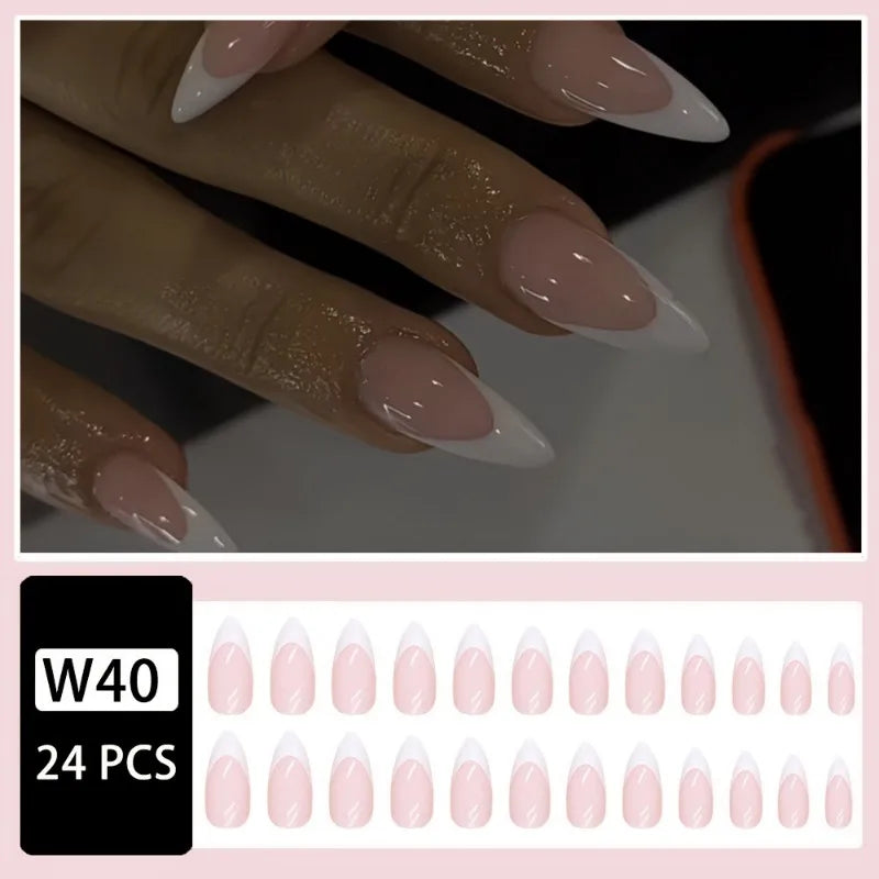 Almond Press-On Nails - French Tip & Gradient Designs, 24-Piece Set