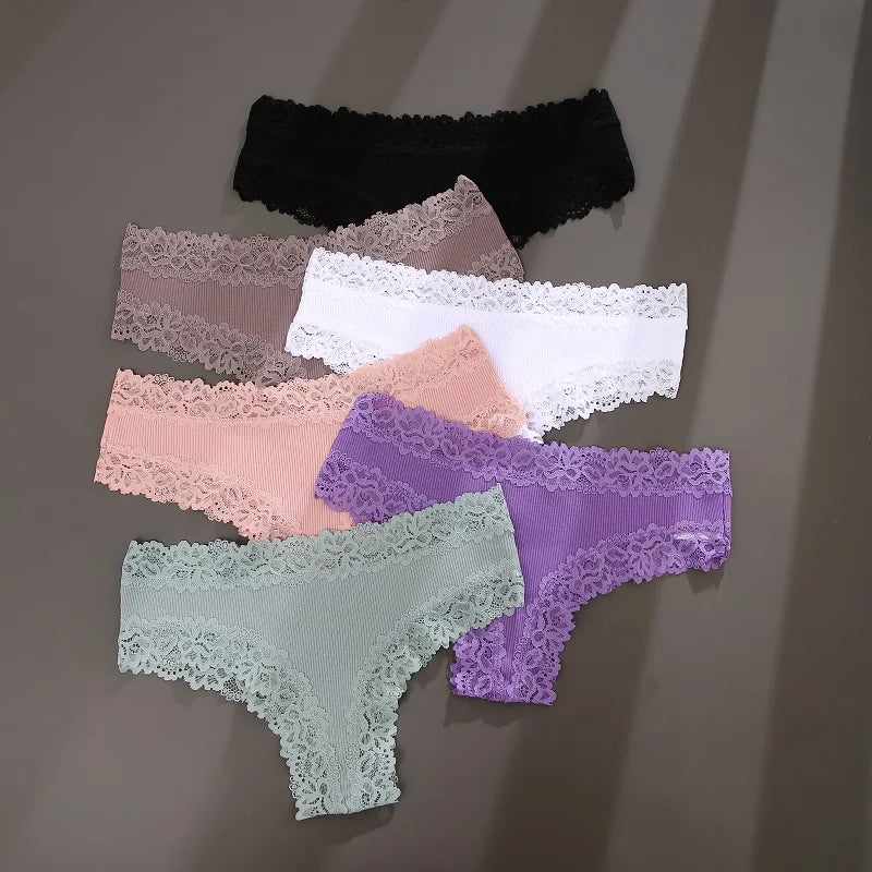 Lace Splicing Brazilian Bikini Panties – Cotton Crotch Low-Rise Underwear for Women (S–XL, 6 Colors)