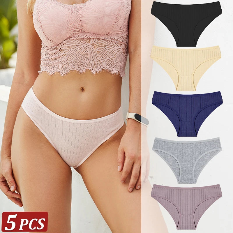 5-Pack Cotton Striped & Solid Brief Panties – Breathable Low-Rise Underwear for Women (M–XL, 12 Color Sets)