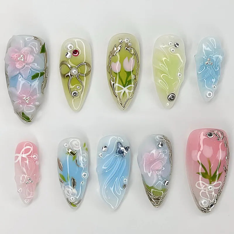 Pink Floral Press-On Nails – Almond Flower Designs, 24 Pieces