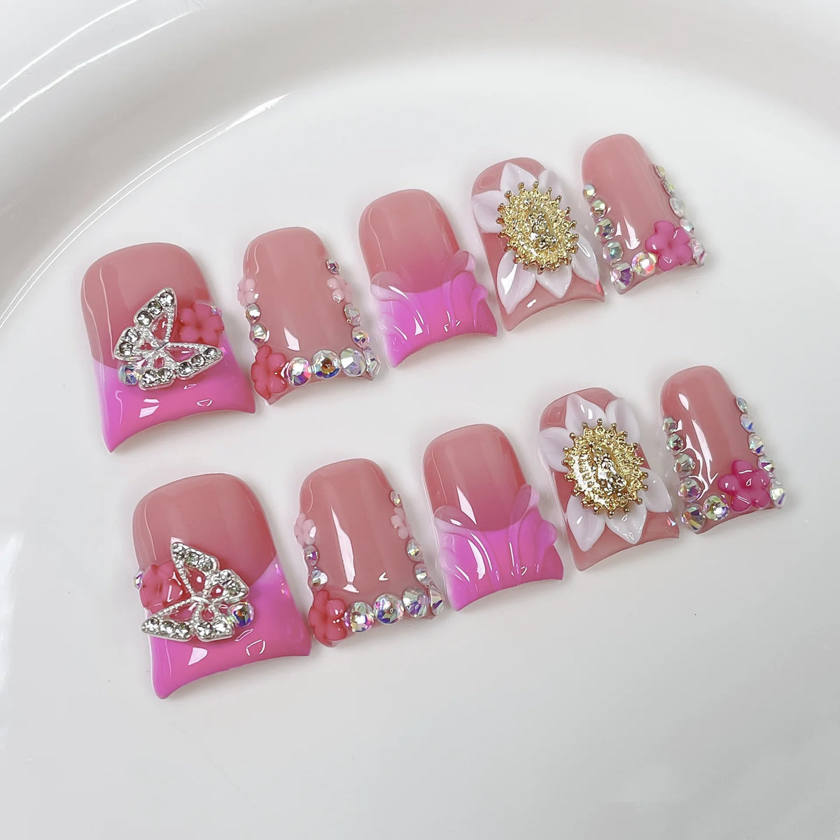 Handmade Duck Tip Press-On Nails - Ocean-Inspired 3D Floral, 10 Pieces