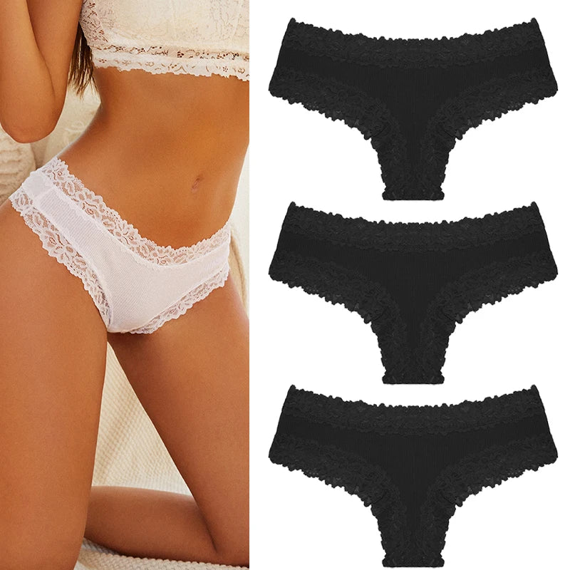 Women's Cotton Lace Briefs – 3-Piece Set | Soft Low-Rise Stretch Underwear (S–XL)