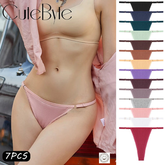 7-Pack Cotton G-String Thongs – Adjustable Low-Rise Waist for Women (S–1XL, 9 Color Sets)