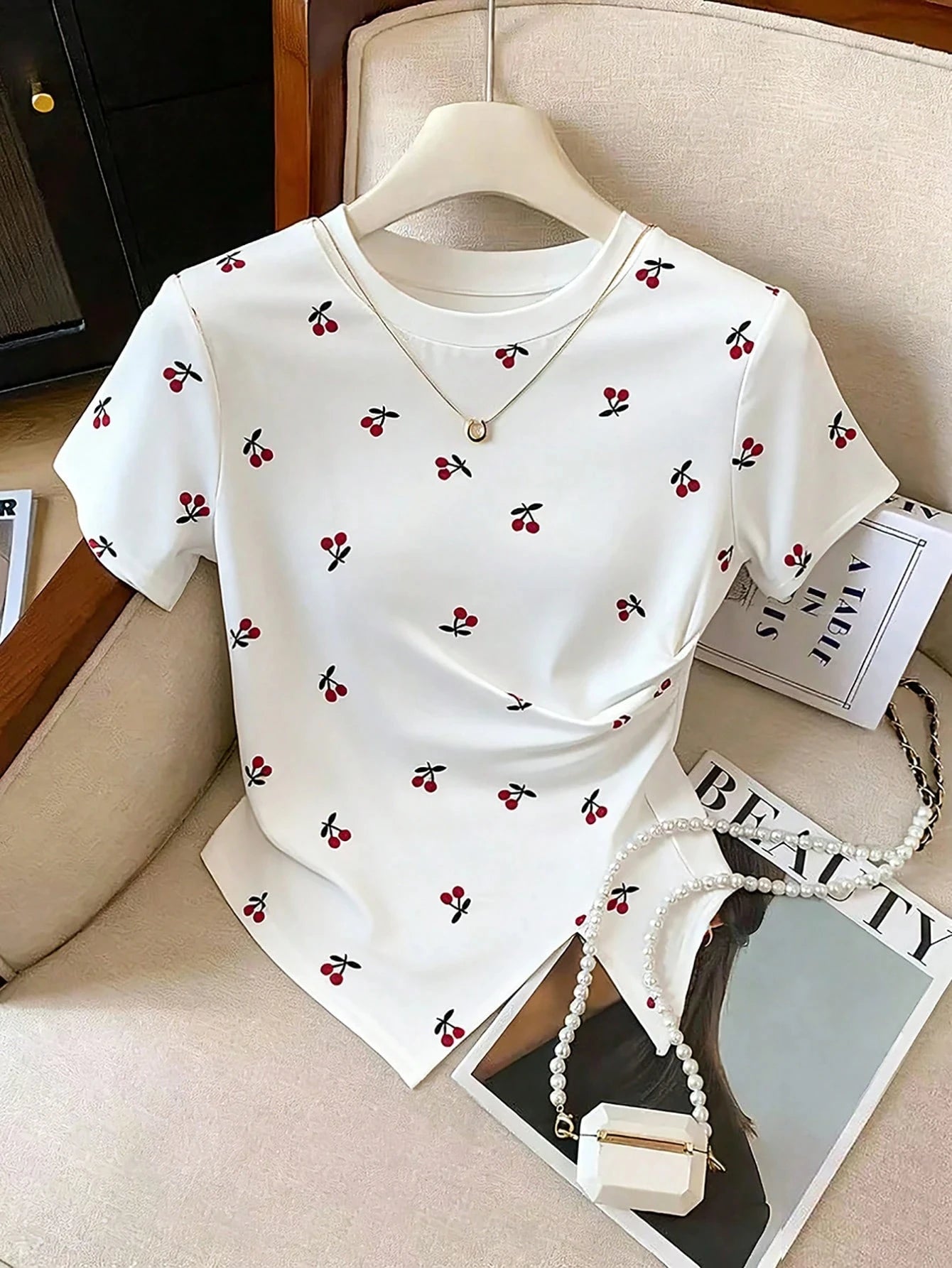 Ladies Spring Summer Casual Cherry Print Short Sleeve T-Shirt Asymmetrical Hem Base Shirt Bottoming Top