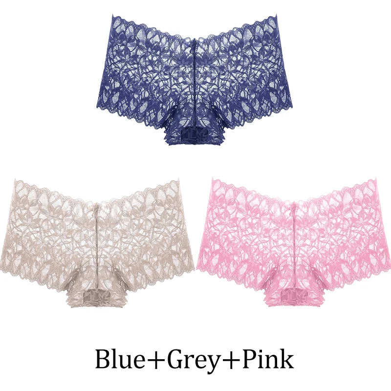 3-Pack Lace Boyshort Panties – Low-Rise Floral Underwear for Women (S–XL, 14 Color Sets)