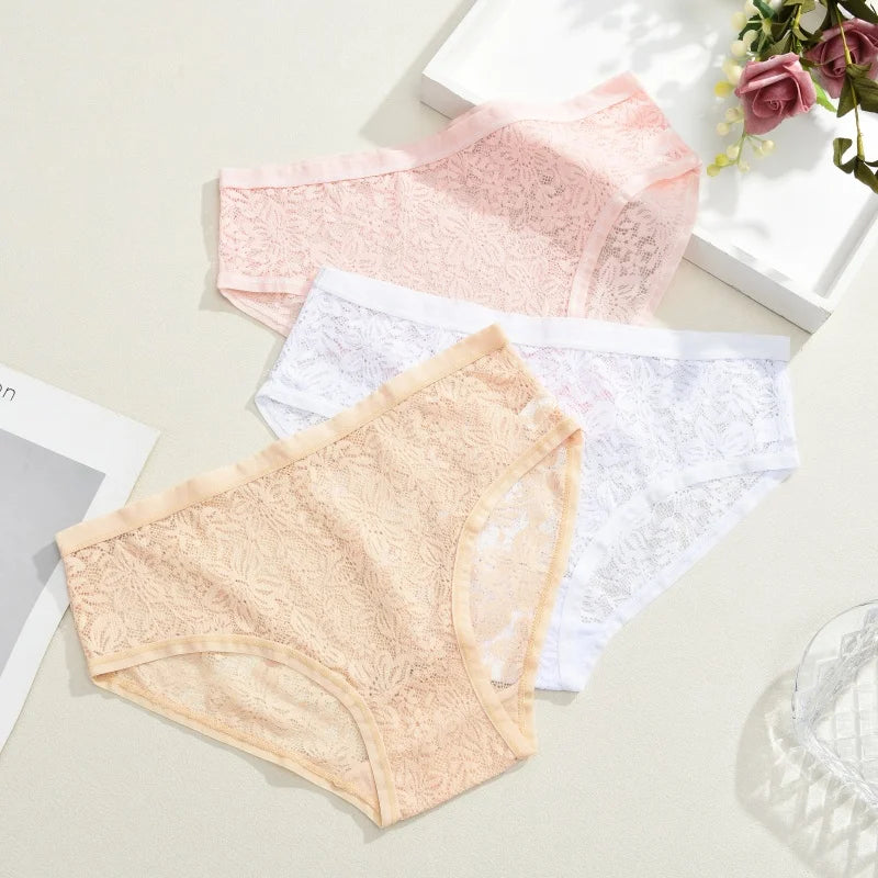 Seamless Floral Lace Brief Panties – Hollow-Out See-Through Underwear for Women (S–2XL, 6 Colors)
