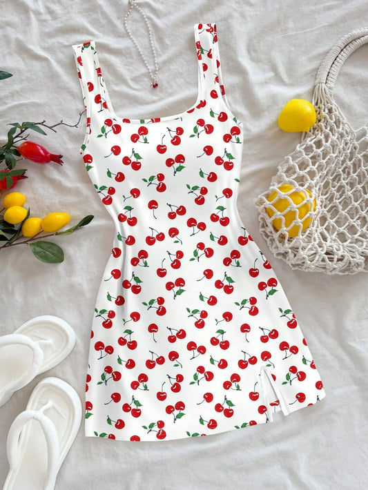 Cherry Print U-Neck Open Back Mini Dress – Side Slit Slim Fit | Sexy Summer Style