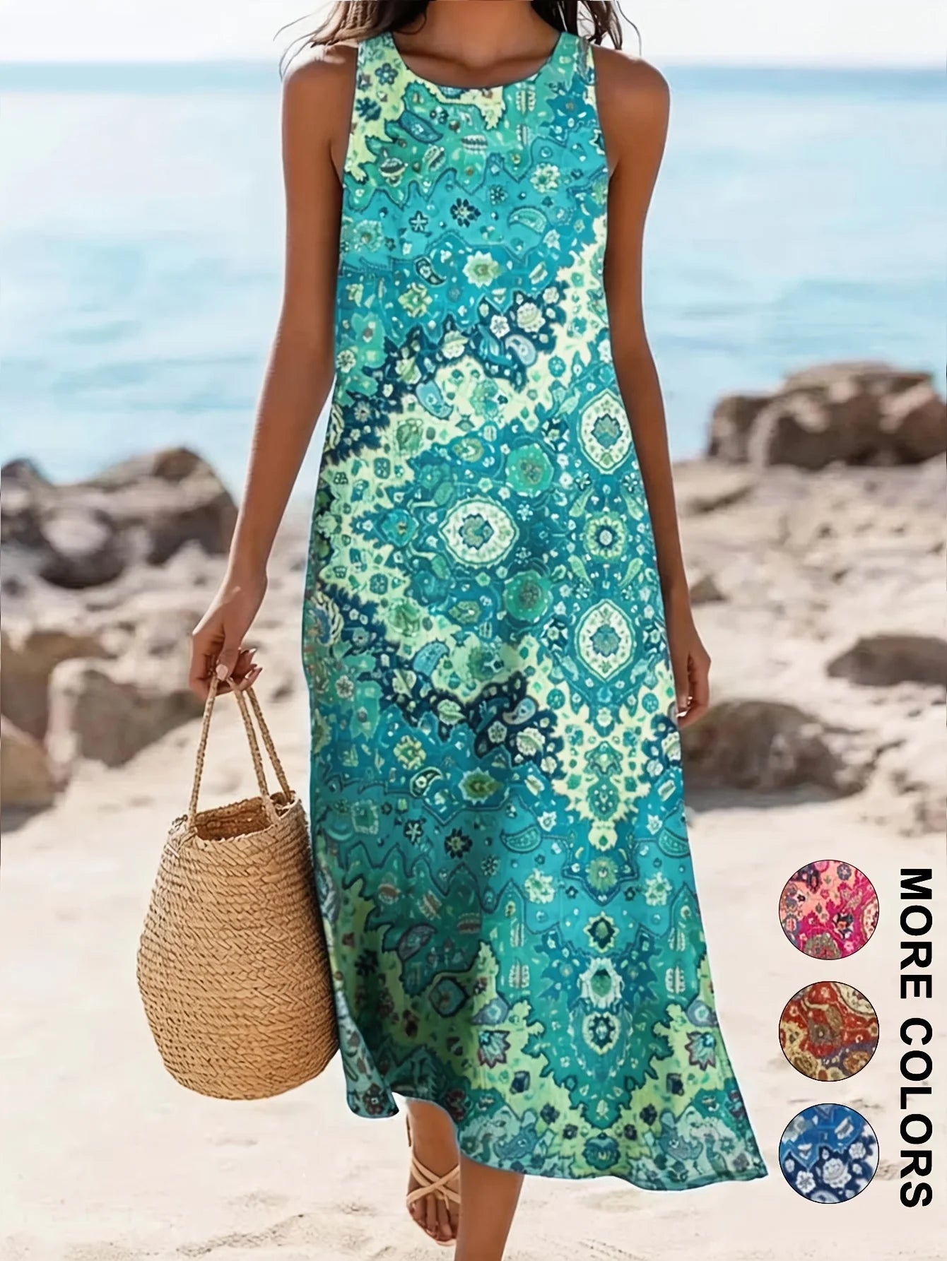 Women's Casual Dress with a Round Neck Sleeveless Featuring Paisley Pattern Print Leisure Bohemian Trendy V-neck Ankle-length