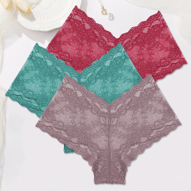 3-Pack Floral Lace Boyshort Panties – Low-Rise Ultra-Thin Underwear for Women (S–XL, 10 Color Sets)