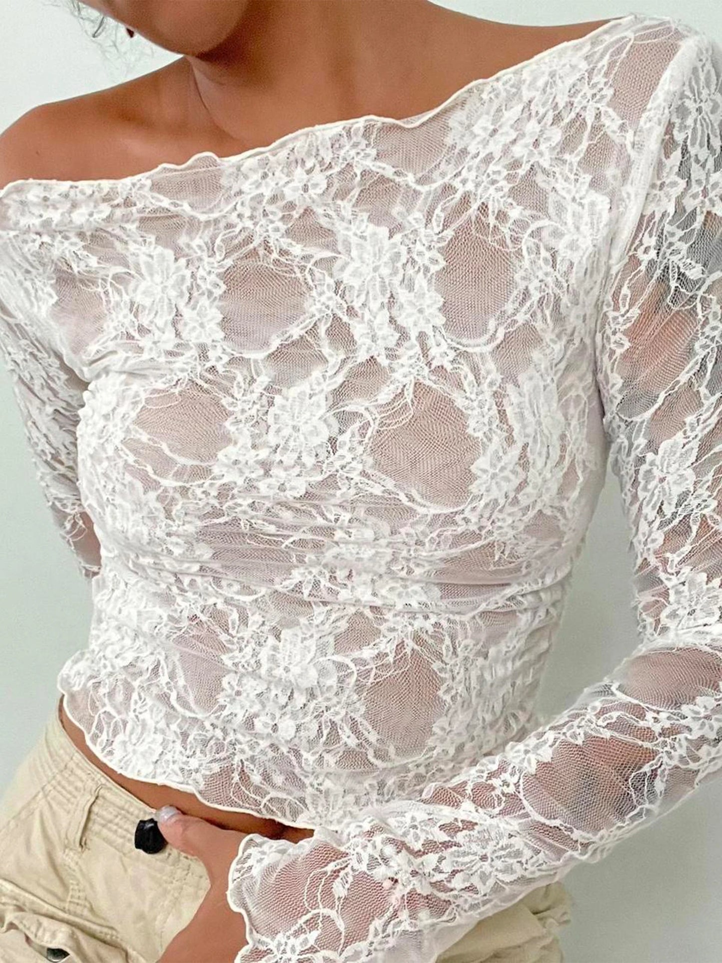 Sexy Women Lace Mesh Sheer Crop Tops Long Sleeve See Through T Shirt Going Out Tops Slim Fit Cover Up Blouse Top