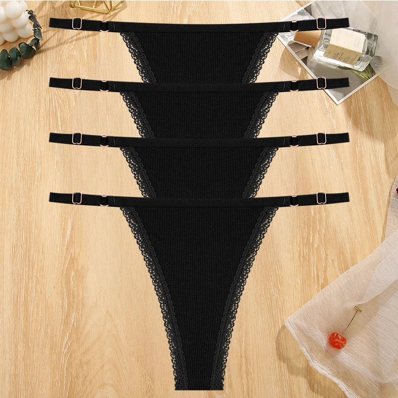 Women's Cotton Lace G-String Thongs – 4-Piece Set | Low Rise Adjustable Waistband Hipster Underwear (S–XL)