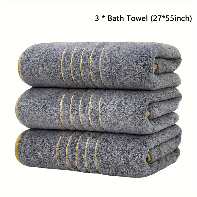 Golden Striped Coral Fleece Bath Towel Set – Ultra-Soft, Quick-Dry, Machine Washable (2, 3, 6 or 8 Pcs)