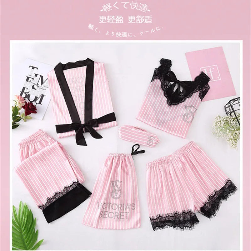 Women's Ice Silk Lace Trim Pajamas Set – Luxury Sleepwear Chemise & Robe