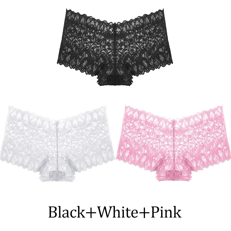 3-Pack Lace Boyshort Panties – Low-Rise Floral Underwear for Women (S–XL, 14 Color Sets)