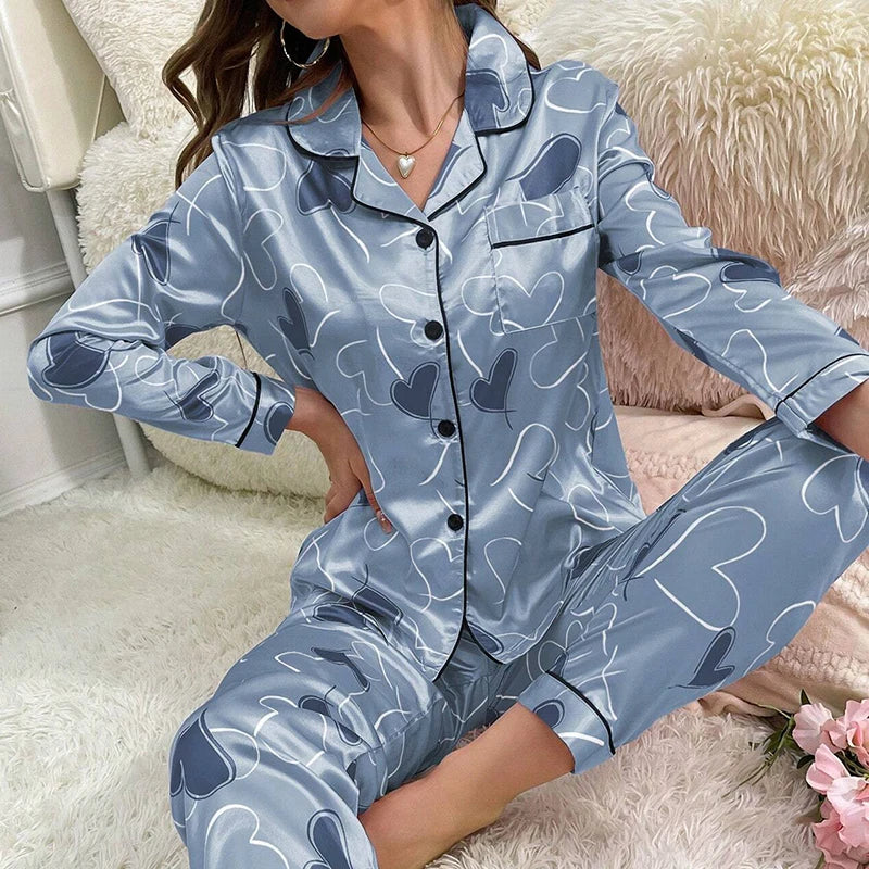 Satin Floral Pajama Set — Long Sleeve Button-Up Top & Pants