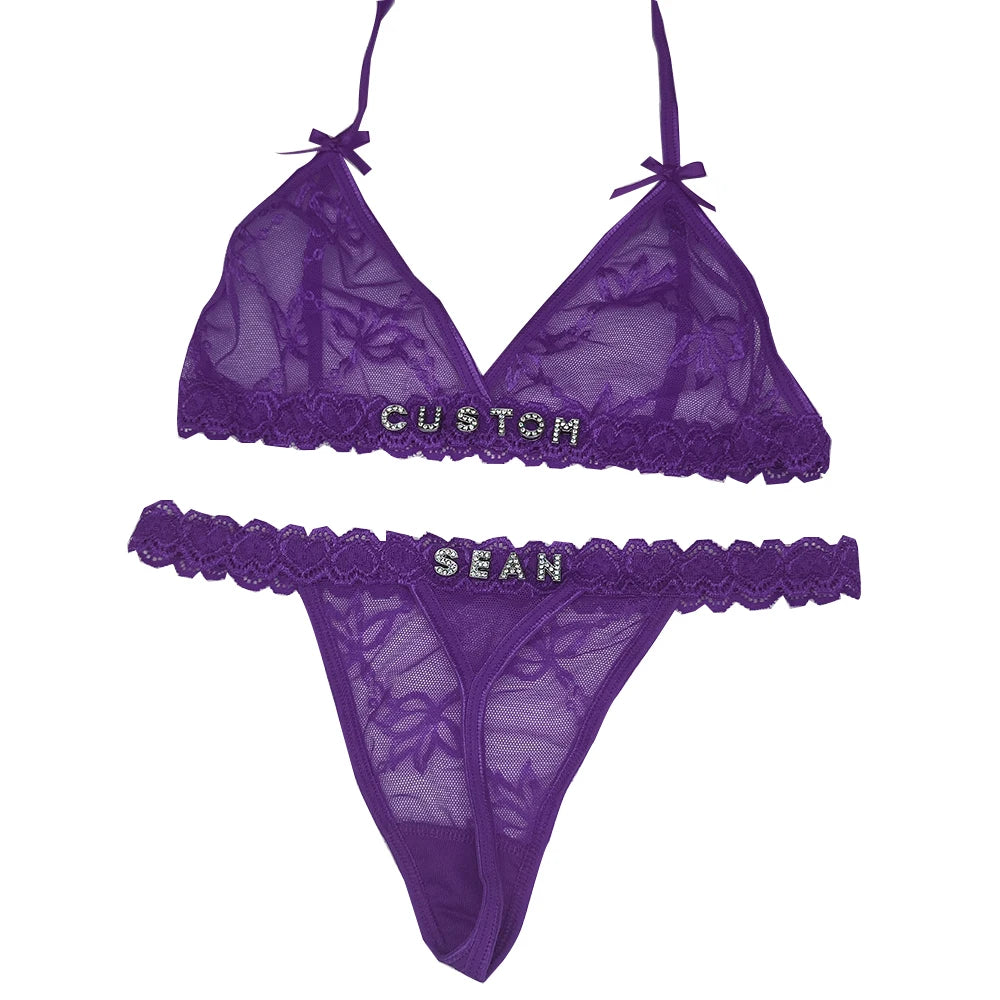 Personalized Rhinestone Thong & Bra Set – Custom Name Lingerie