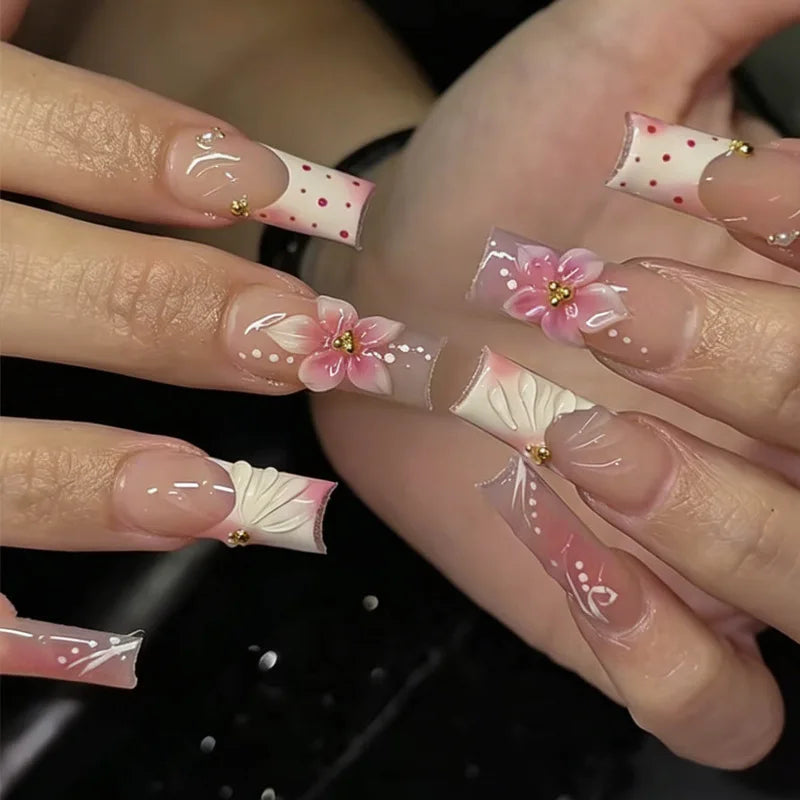 Medium Square Press-On Nails with Adhesive - Blush Pink Floral & French, 24 Pieces