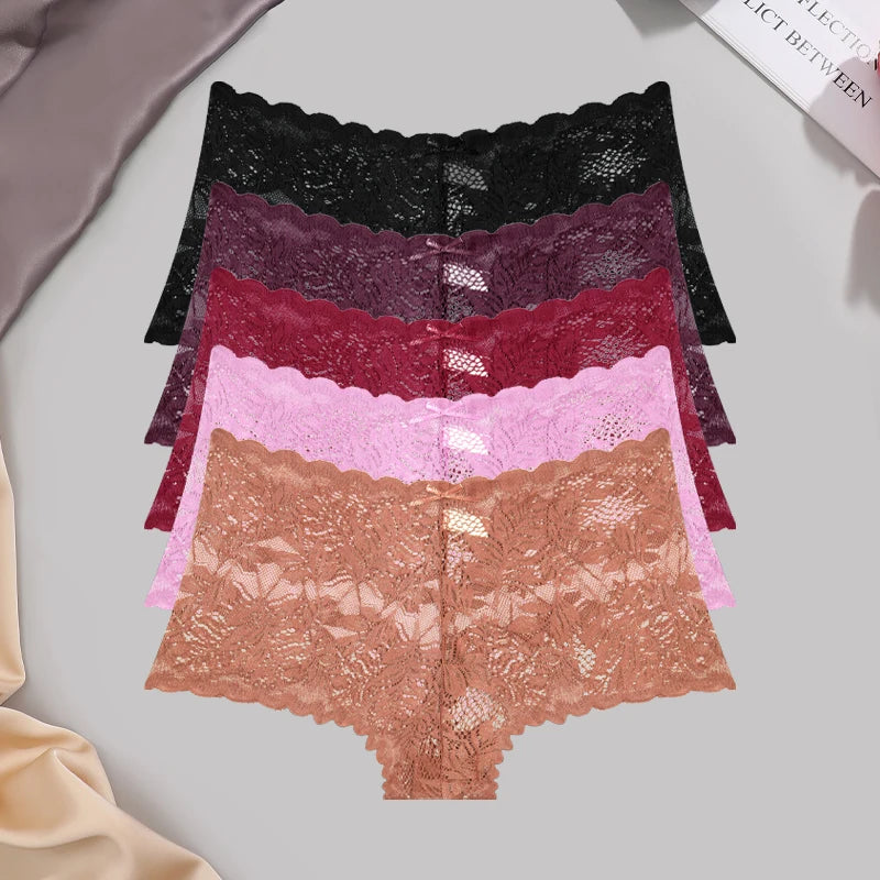5-Pack Lace Floral Boyshorts — Low-Rise Hollow Out Panties