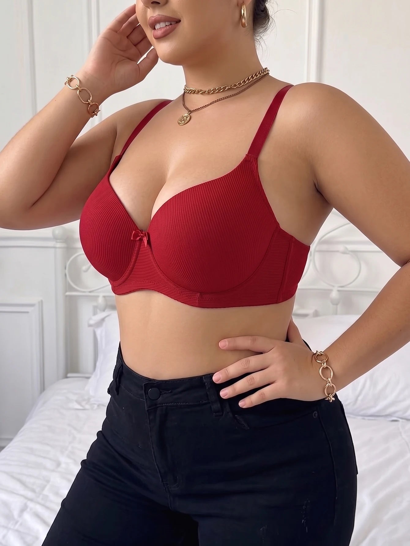 Plus Size Ribbed Push-Up Bra — Wide Strap Underwire Side Gather | Women's Bra