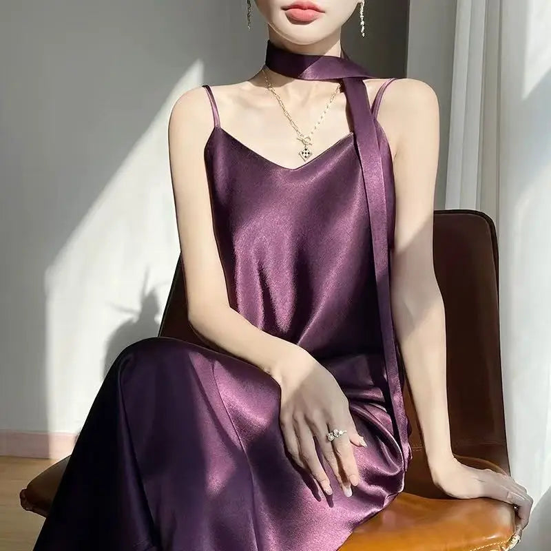 French Elegant Satin Camis Dress Women Summer Loose with Ribbon Midi Dress Female Fashion Aesthetic Party Evening Slip Dress