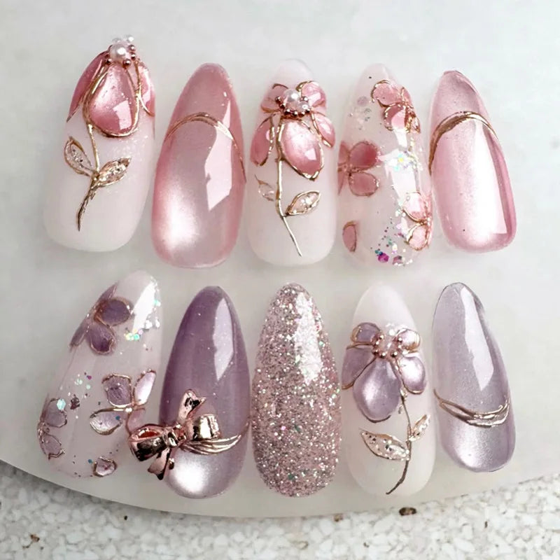 Medium Almond Cat Eye Press-On Nails - Glitter & Gold-Tone Designs, 24 Pieces
