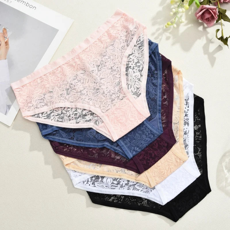 Seamless Floral Lace Brief Panties – Hollow-Out See-Through Underwear for Women (S–2XL, 6 Colors)