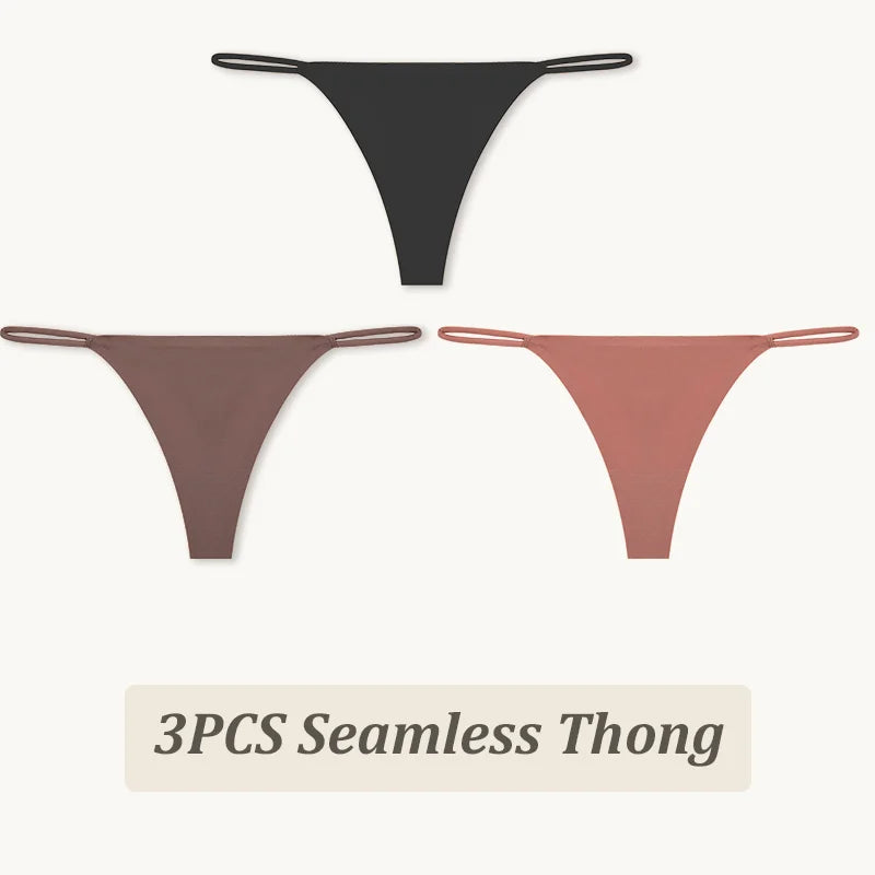 3-Pack Seamless Ice Silk Thong Panties – Low-Rise Flexible Underwear for Women (XS–XL, 25 Color Sets)