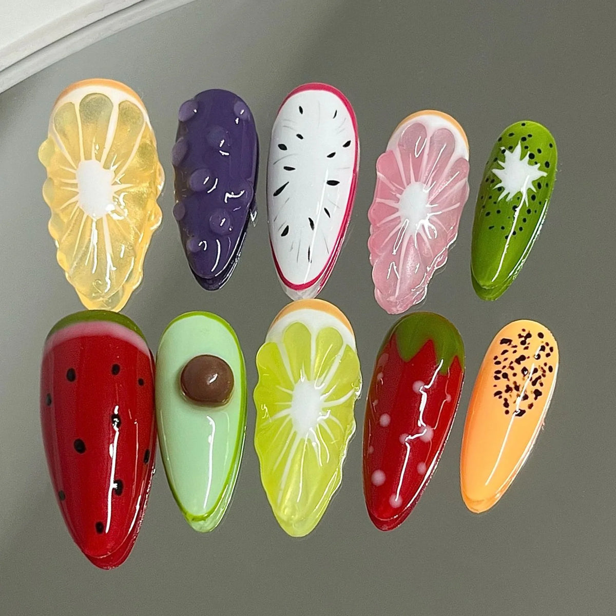 Summer Fruit Press-On Nails – Handmade 3D French Almond 10-Piece Kit
