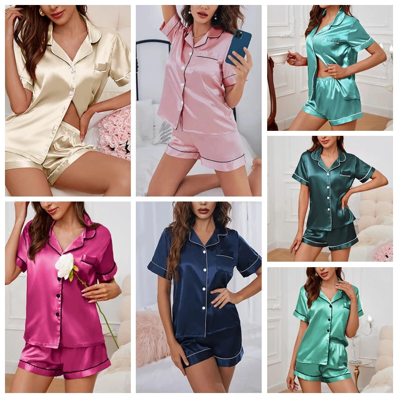 Satin Pajamas Set — Short Sleeve Button Top & Shorts | Women's Summer Sleepwear