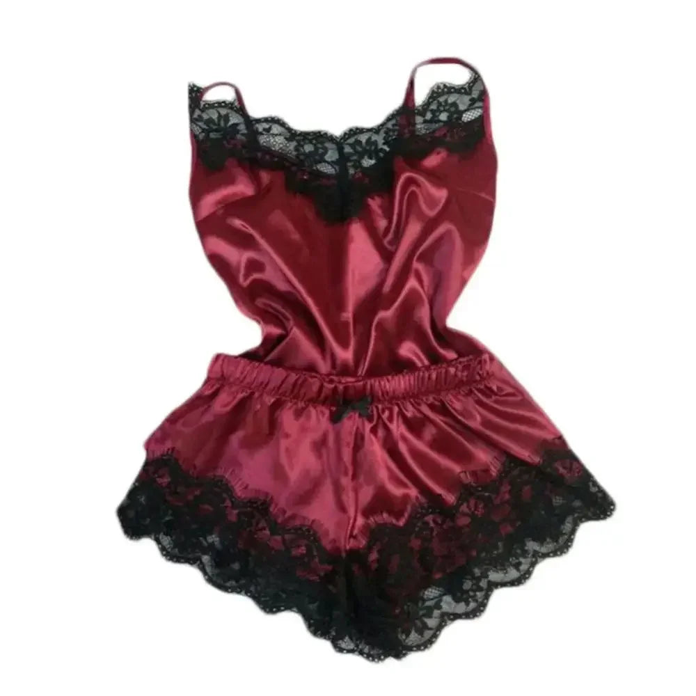 Lace Satin Spaghetti Strap Vest Top & Shorts Pajama Set – Stretch, Sleeveless | Women's Summer Sleepwear