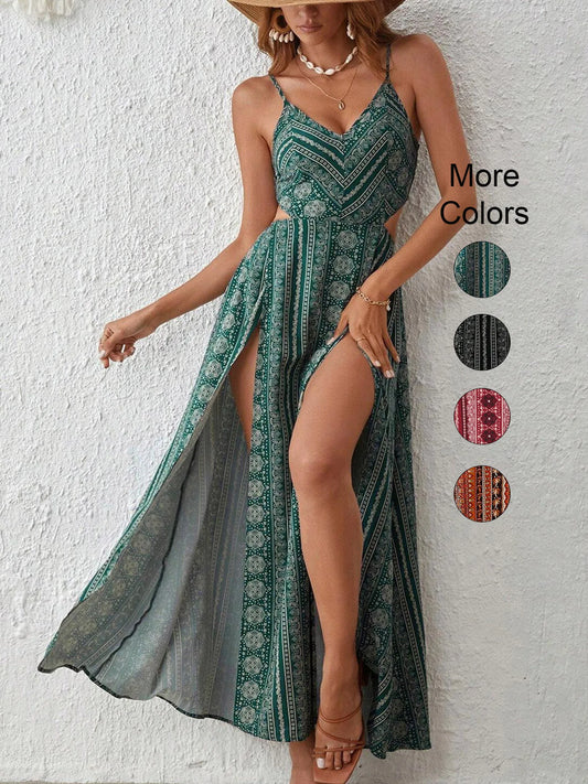 Deep V-Neck Backless Floral Maxi Dress with Thigh Slit – Spaghetti Strap Beach Party Dress
