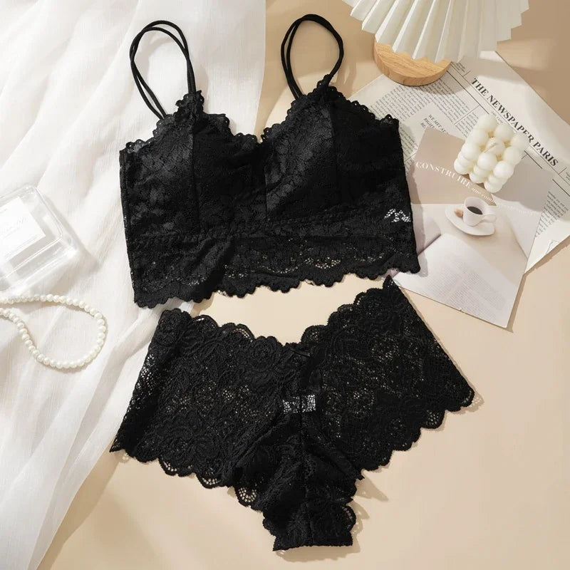 Floral Lace Longline Bralette & Boyshort Set — Wire-Free Padded | Women's Lingerie