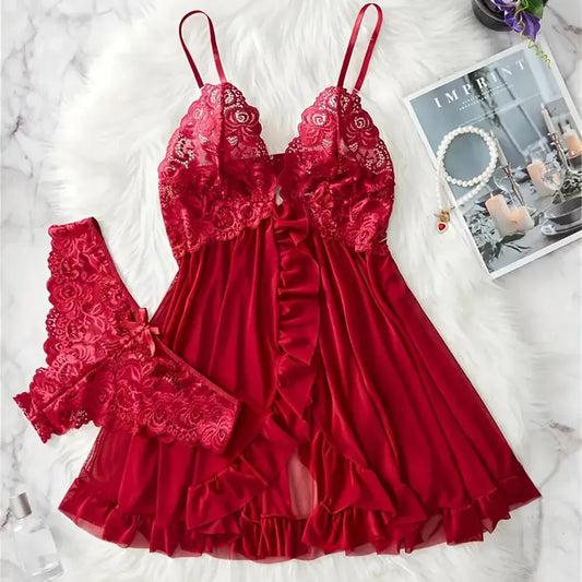 Lace Babydoll Lingerie Set — Floral Embroidery Slip Dress & Panty | Women's Intimate Wear