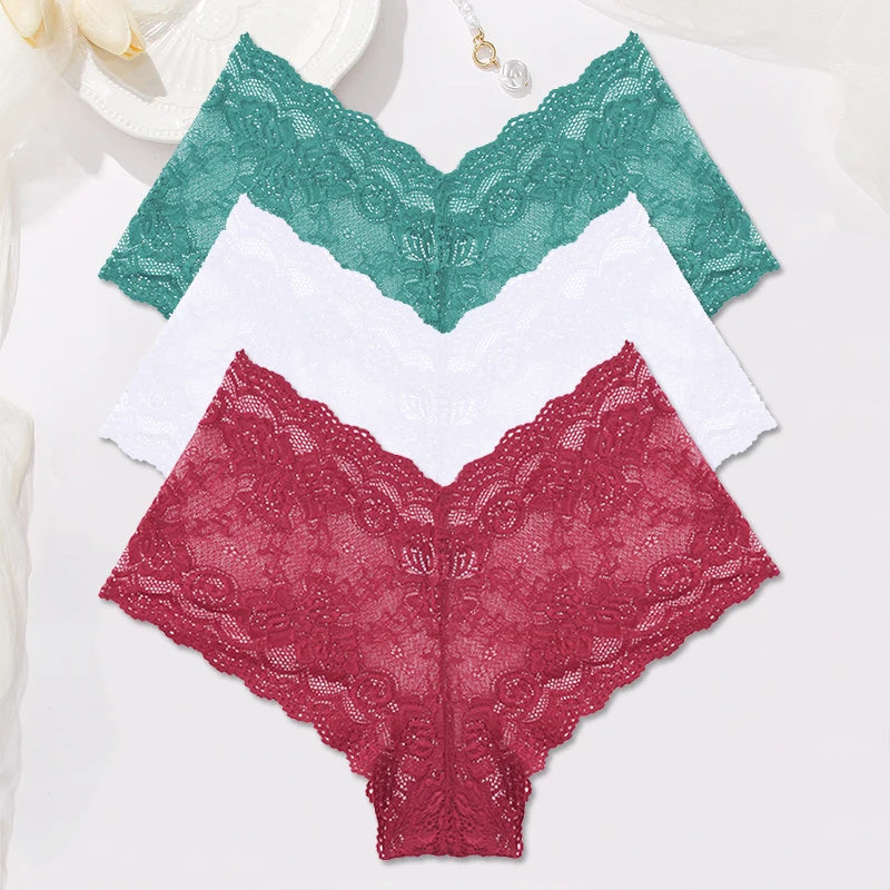 3-Pack Floral Lace Boyshort Panties – Low-Rise Ultra-Thin Underwear for Women (S–XL, 10 Color Sets)