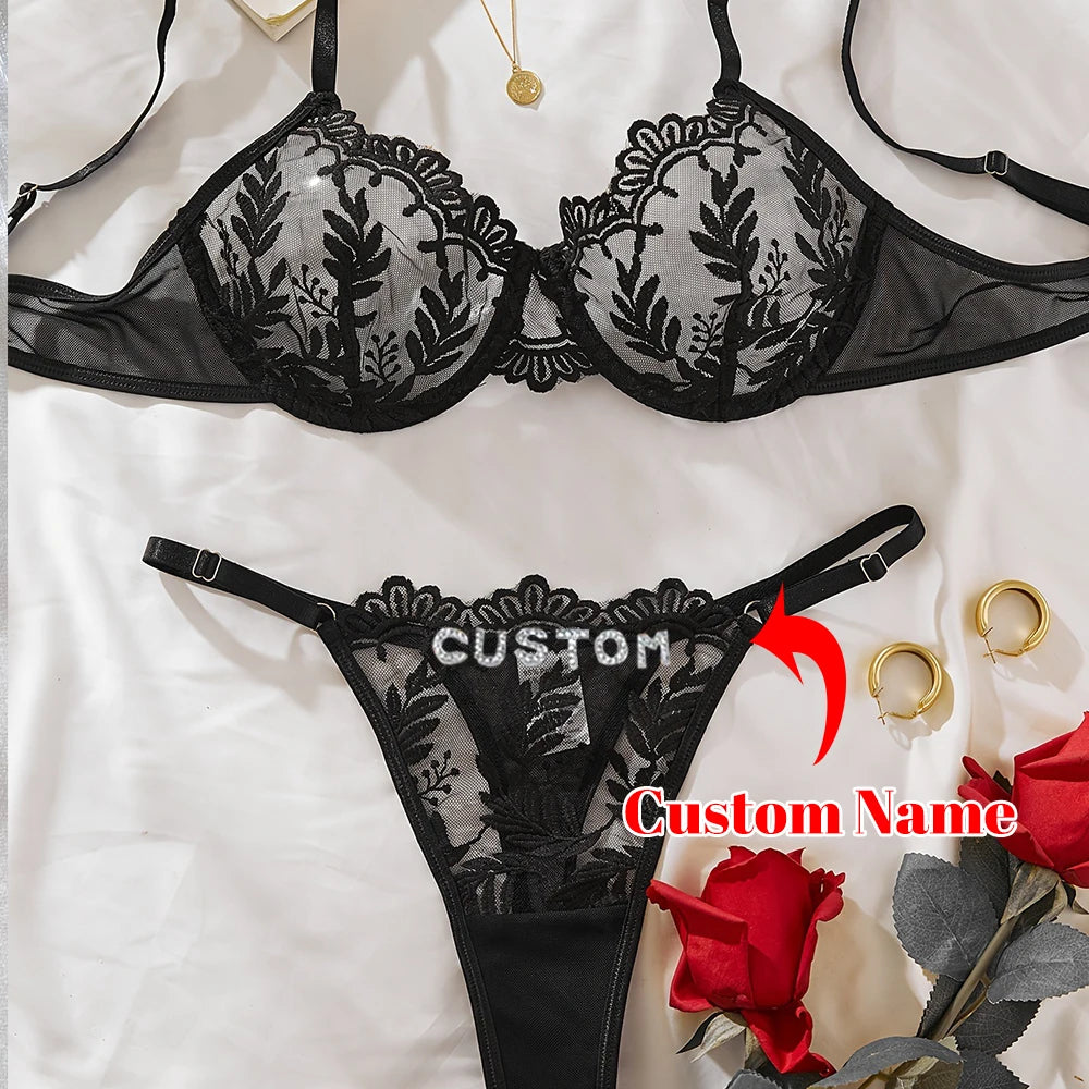 Personalized Name 2-Piece Lingerie Set | Sheer Bra + Custom Crystal Letter Thong | Anniversary Gift