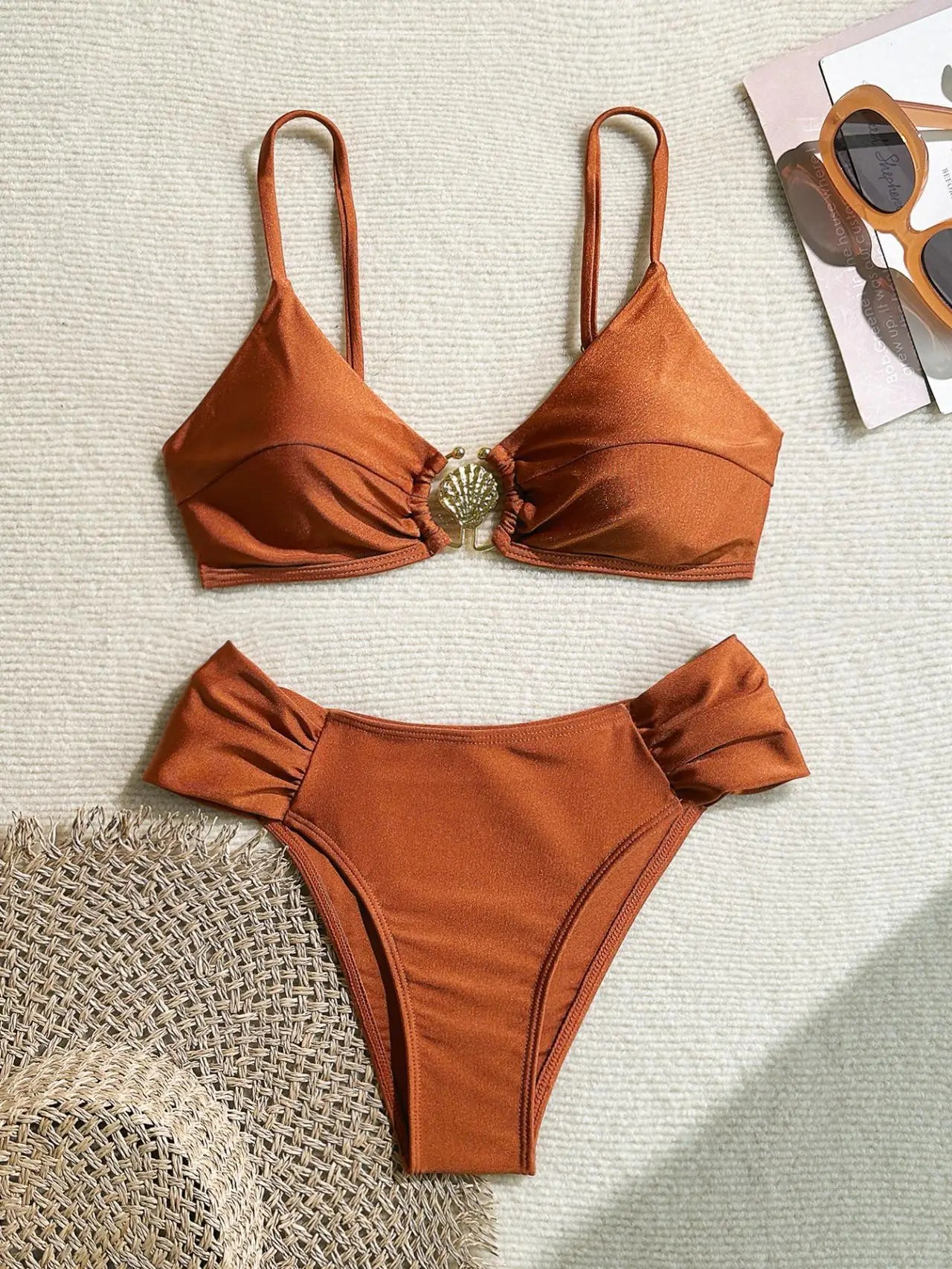 Pleated High-Waist Bikini Set — Metal Shell Buckle Push-Up | Women's Swimwear