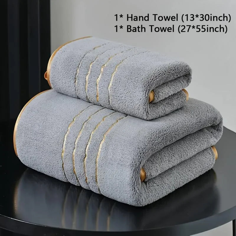 Golden Striped Coral Fleece Bath Towel Set – Ultra-Soft, Quick-Dry, Machine Washable (2, 3, 6 or 8 Pcs)
