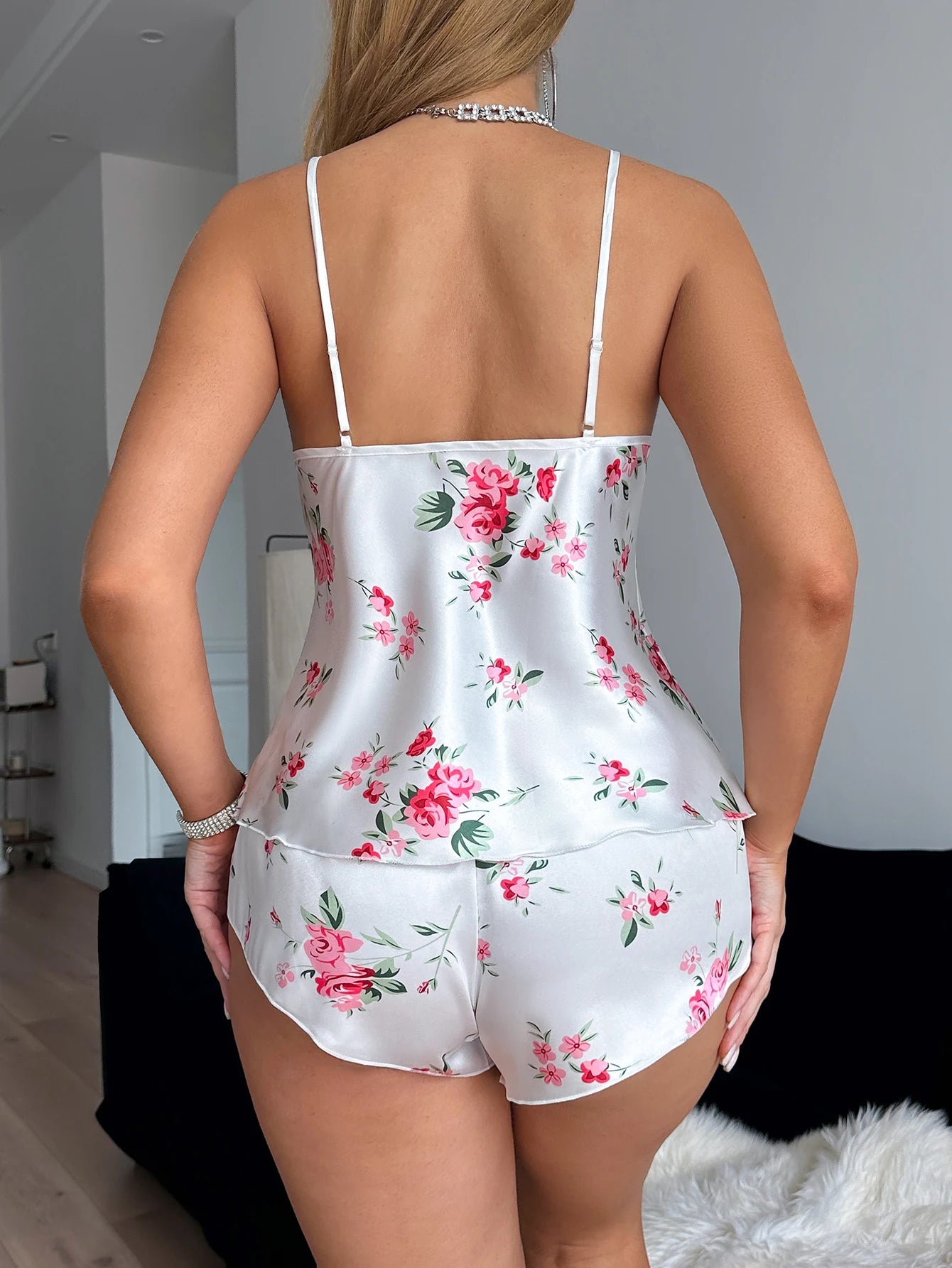 Floral Satin Pajama Set — Lace V-Neck Cami Top & Shorts | Women's 2-Piece Sleepwear