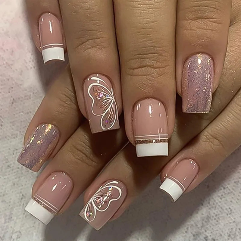 Nude Pink Short Square Press-On Nails - French & Gradient, 24 Pieces
