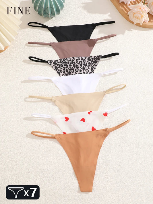 7-Pack Ice Silk Printed & Solid Thongs — Seamless Low-Rise G-String